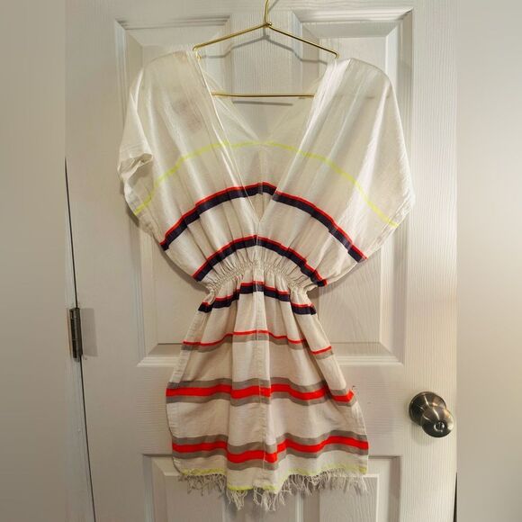 Lemlem V neck White and Multicolor Striped Swim Coverup - Picture 3 of 10